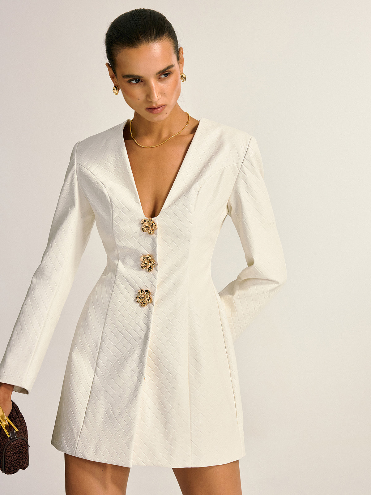 Floral Metallic Button Detail Faux Leather Mini Dress