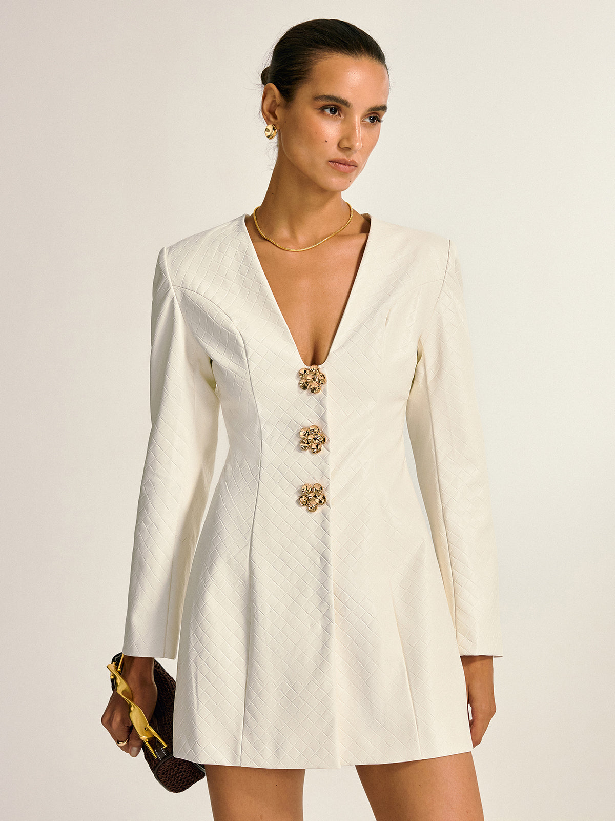 Floral Metallic Button Detail Faux Leather Mini Dress