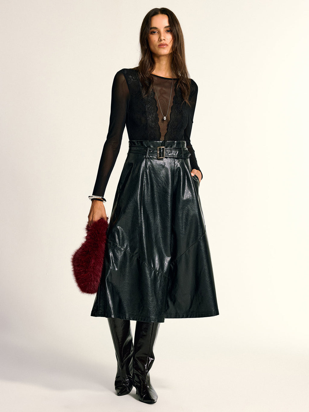 Long Sleeve Sheer Bodysuit with Lace and Mesh