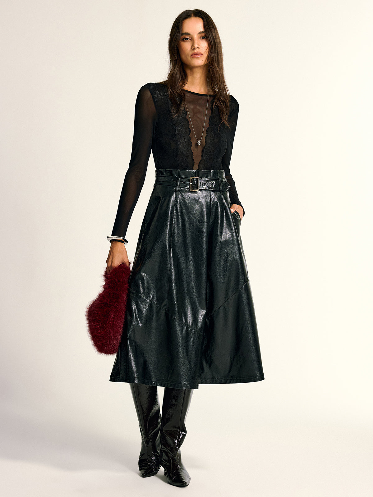 Long Sleeve Sheer Bodysuit with Lace and Mesh