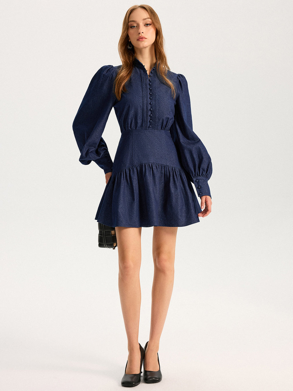 Denim Mini Dress with Stand Collar and Puff Sleeves