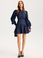 Denim Mini Dress with Stand Collar and Puff Sleeves