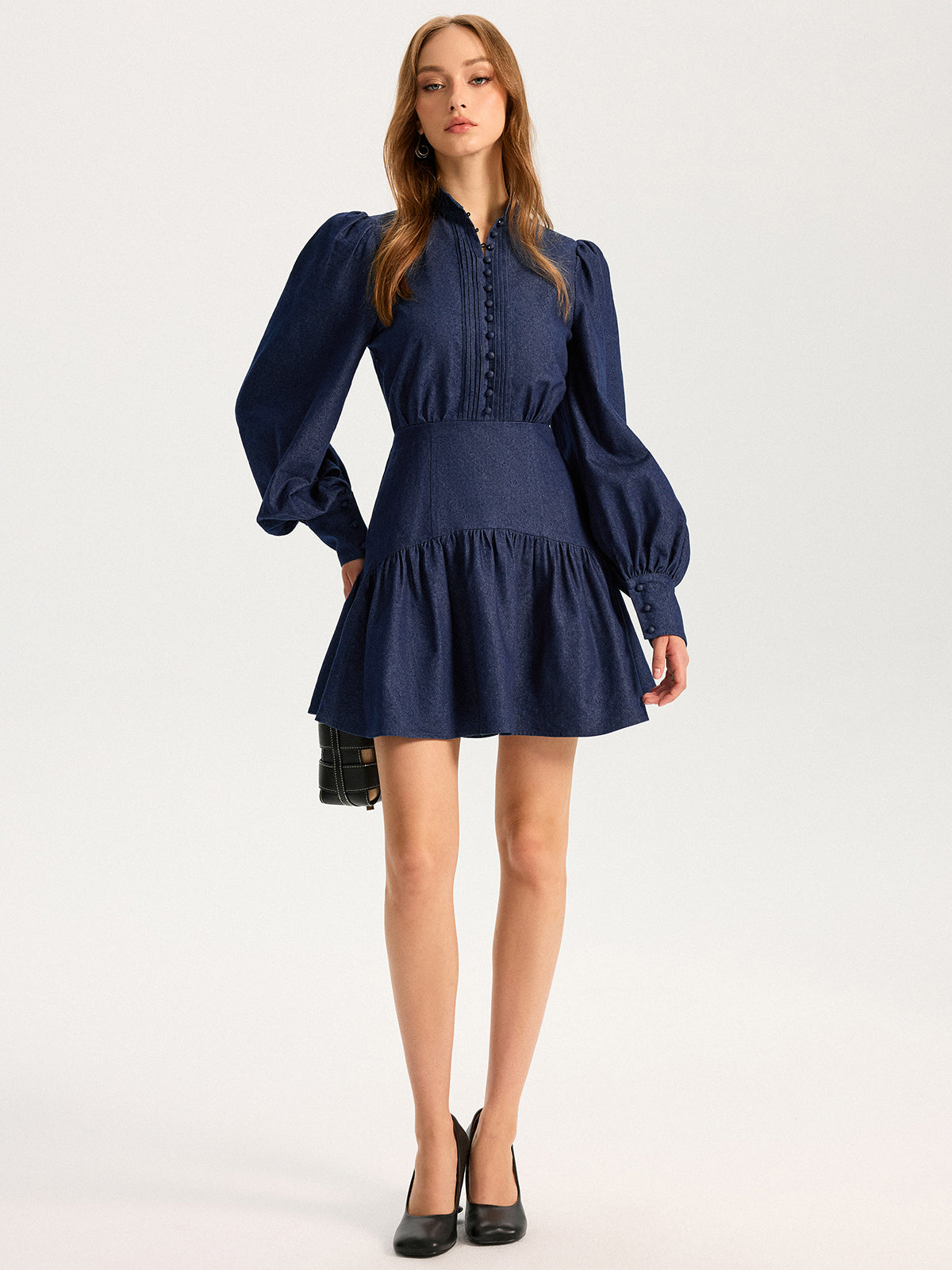 Denim Mini Dress with Stand Collar and Puff Sleeves