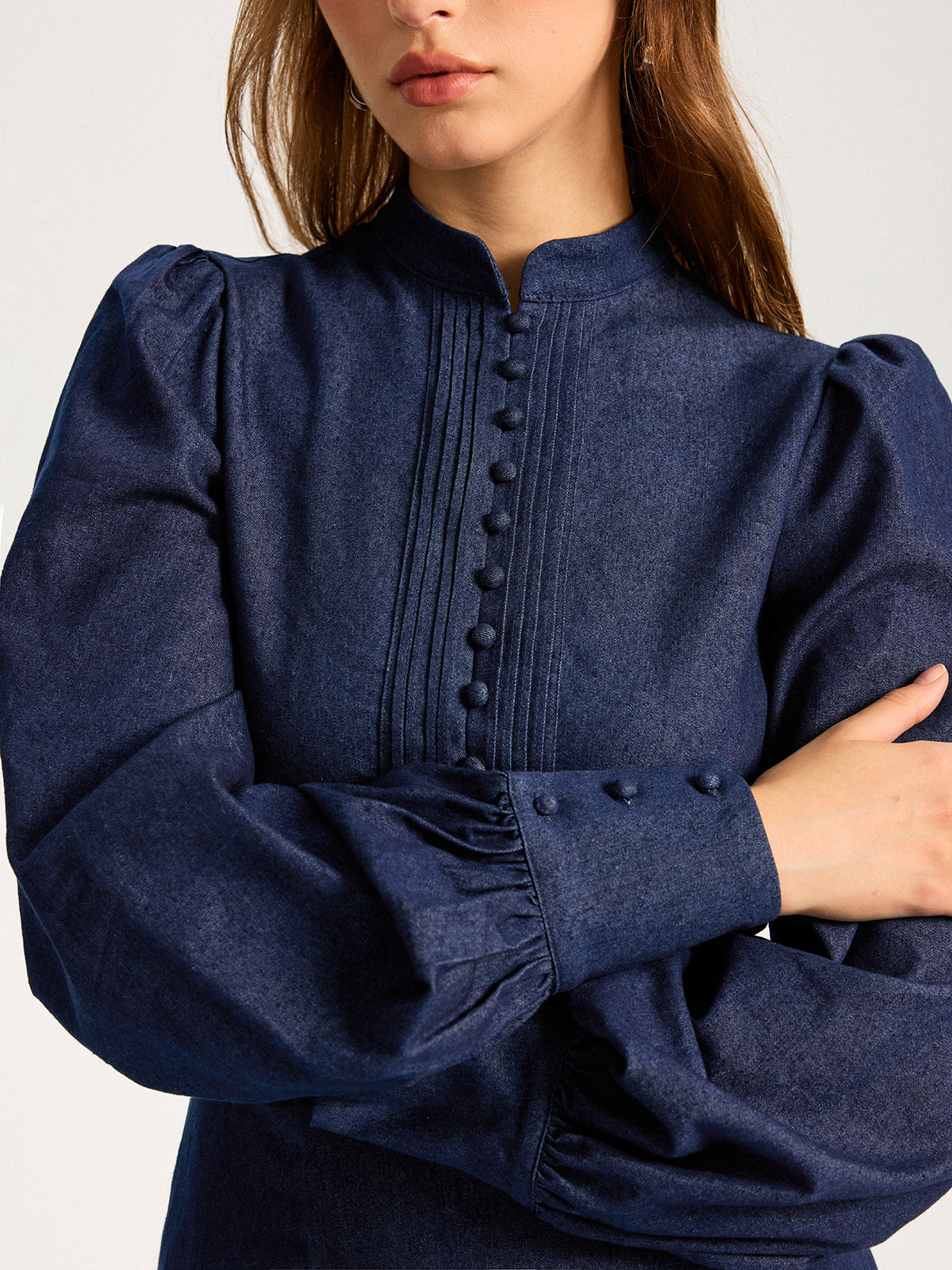 Denim Mini Dress with Stand Collar and Puff Sleeves