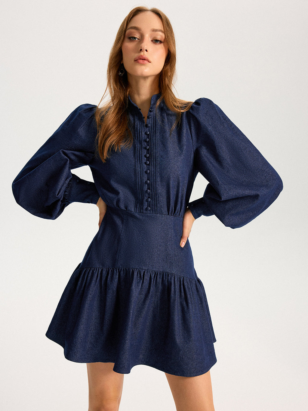 Denim Mini Dress with Stand Collar and Puff Sleeves
