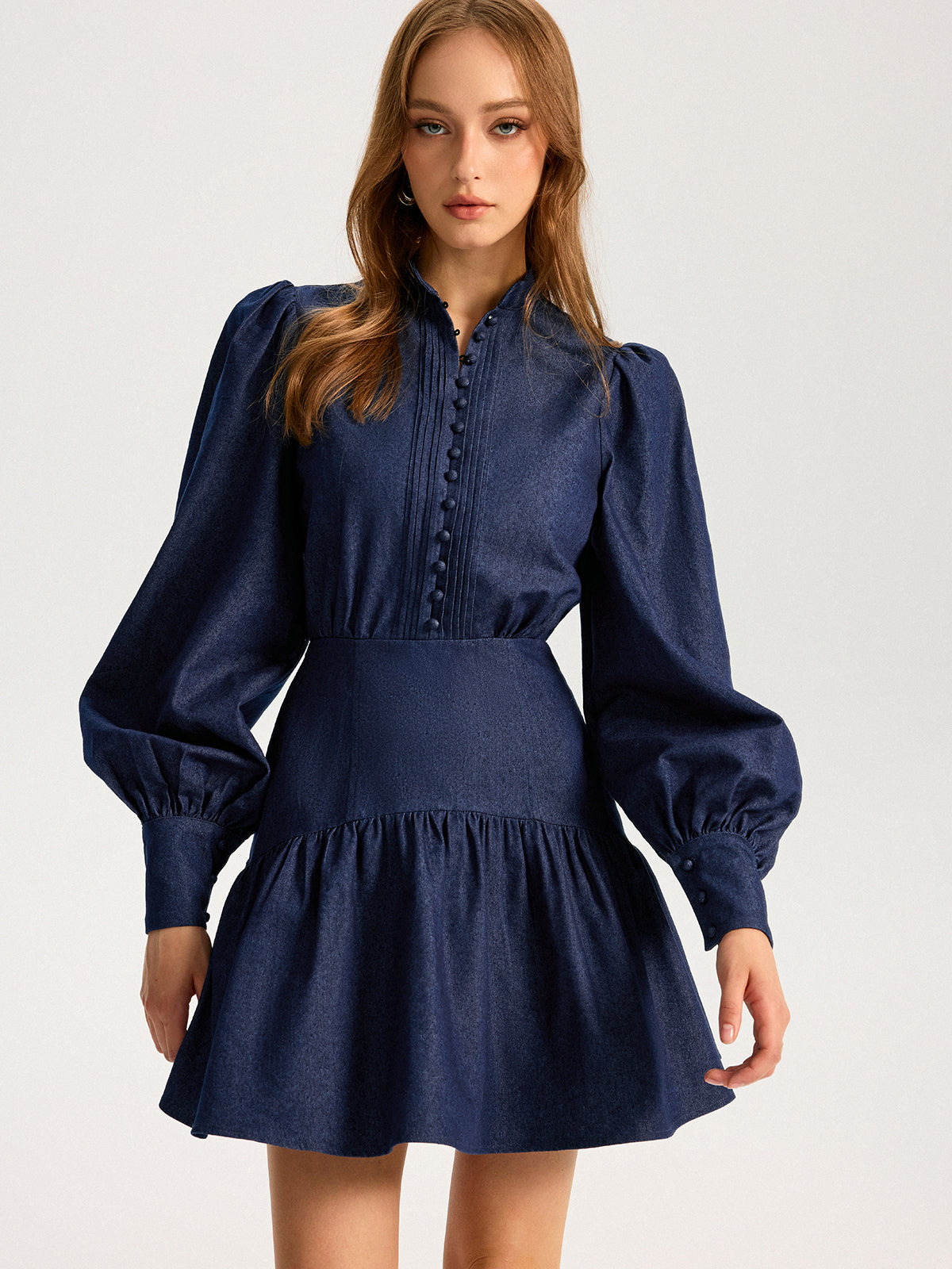 Denim Mini Dress with Stand Collar and Puff Sleeves