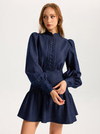 Denim Mini Dress with Stand Collar and Puff Sleeves