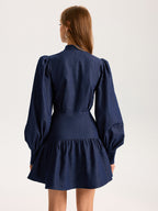 Denim Mini Dress with Stand Collar and Puff Sleeves
