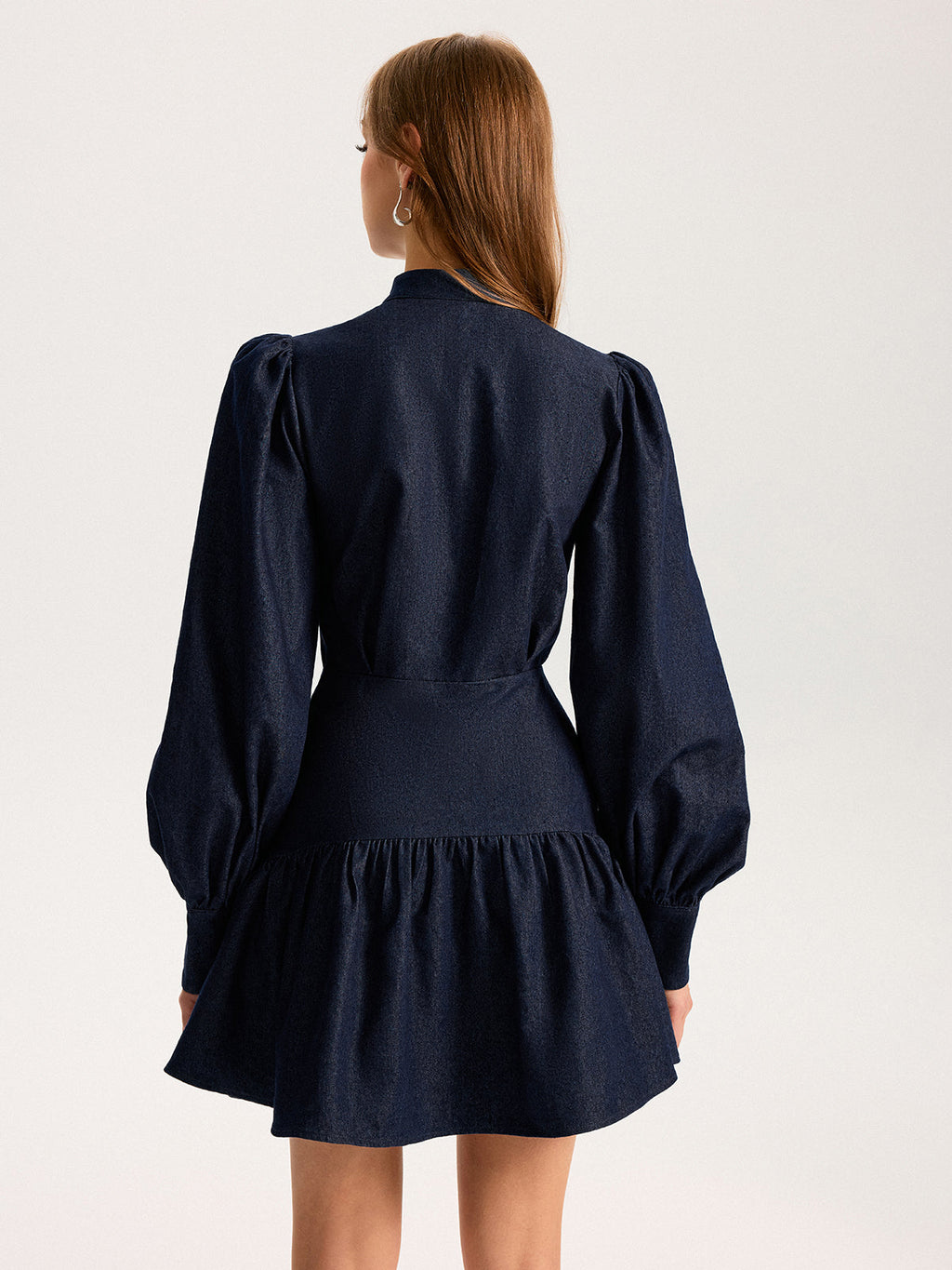 Denim Mini Dress with Stand Collar and Puff Sleeves