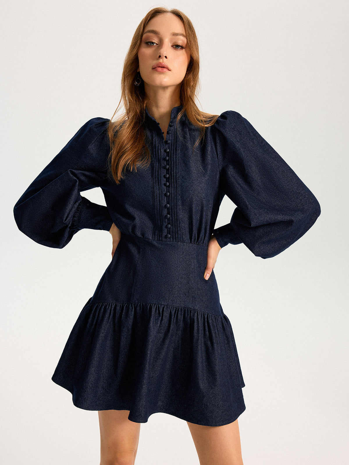 Denim Mini Dress with Stand Collar and Puff Sleeves