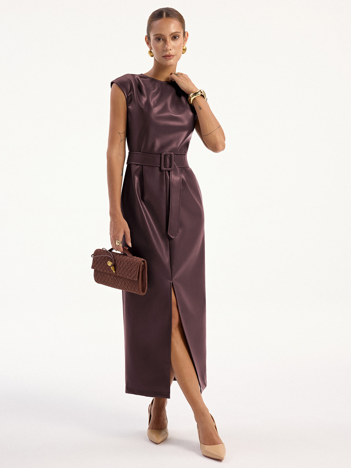 Faux Leather Sleeveless Midi Dress with Belt
