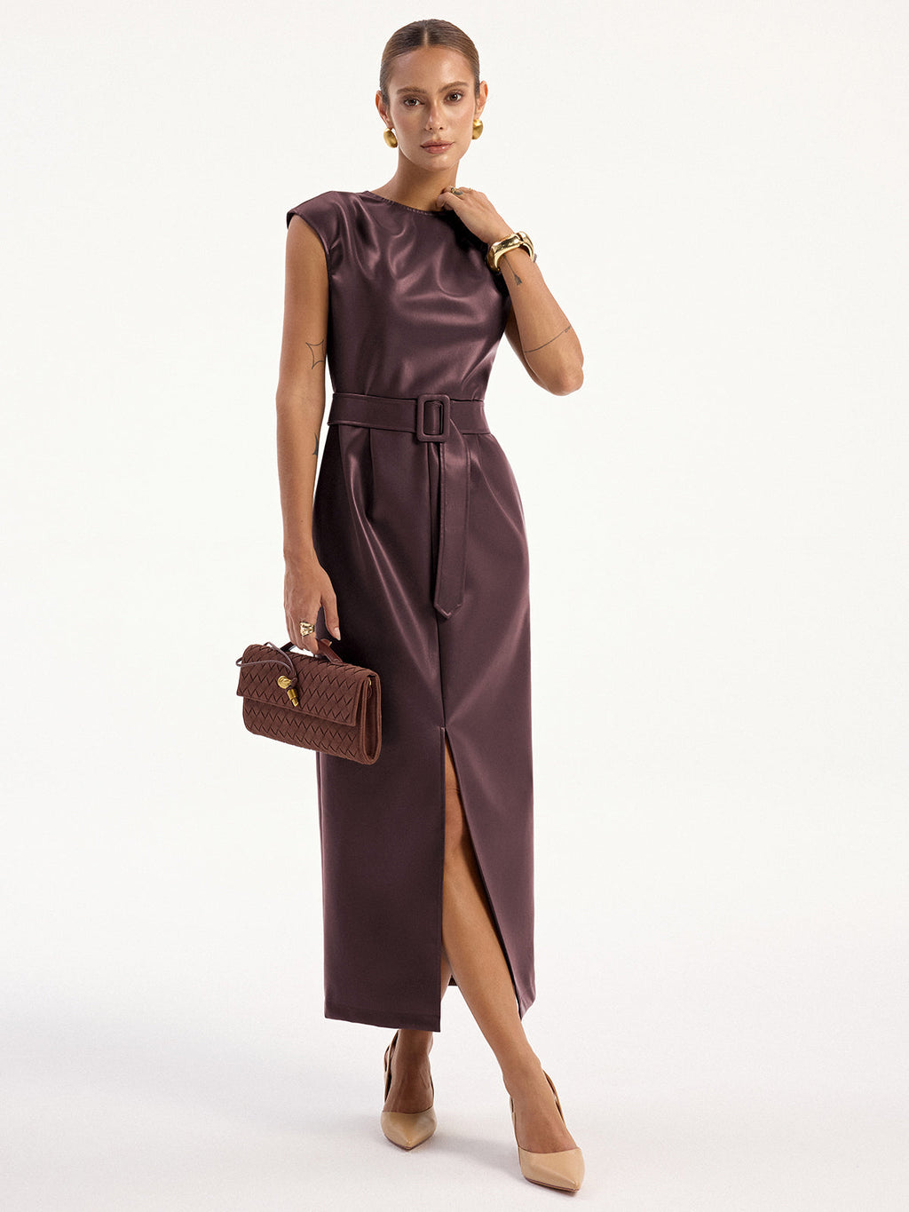Faux Leather Sleeveless Midi Dress with Belt