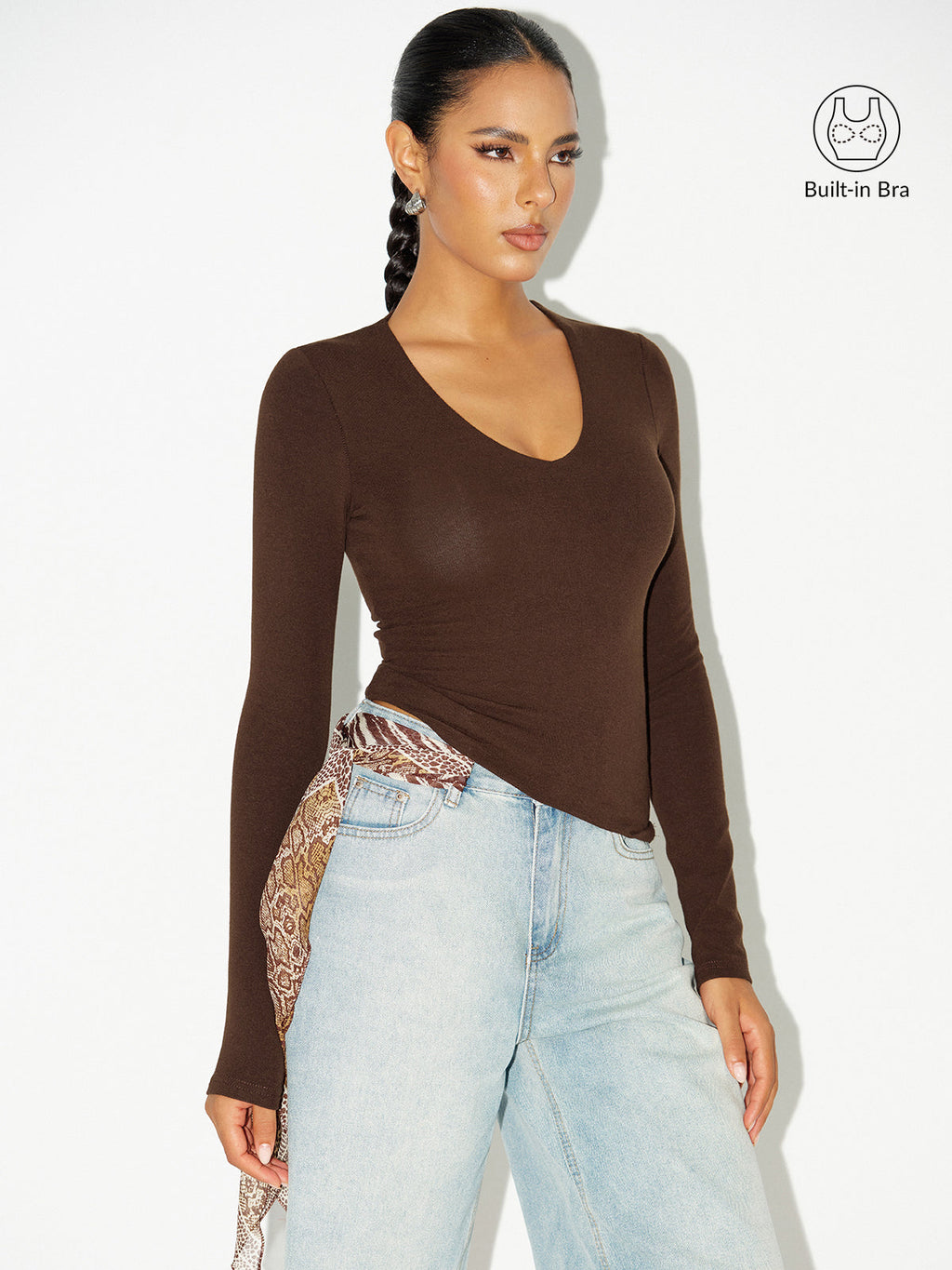 V-Neck Long-Sleeve Top without Bra Requirement