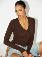V-Neck Long-Sleeve Top without Bra Requirement