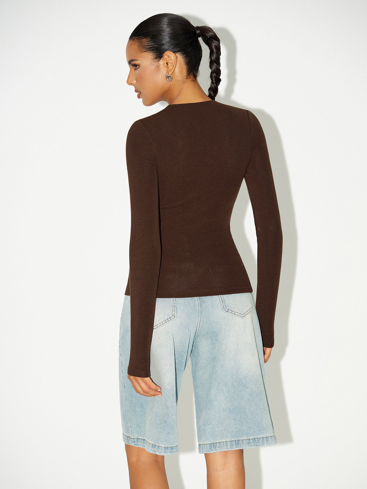 V-Neck Long-Sleeve Top without Bra Requirement