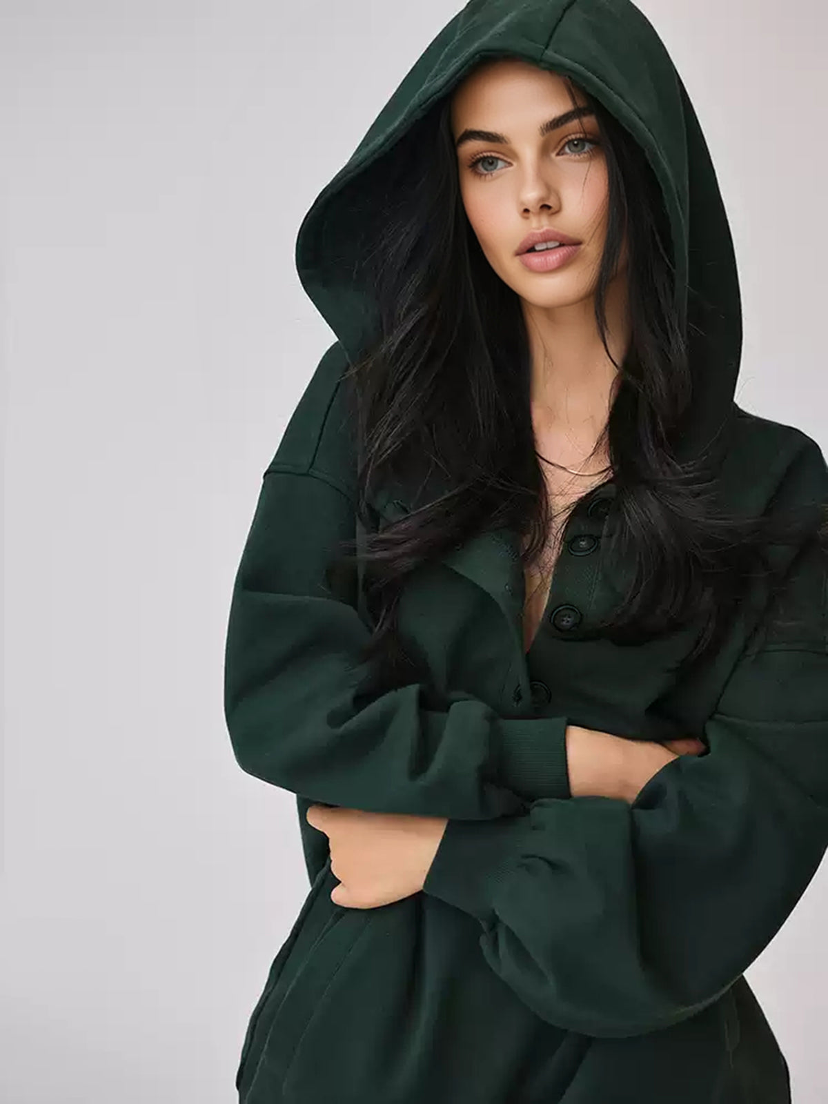 Cozy Large Hoodie with Buttons and Attached Hood