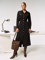 Belted Metal Button Shirt Dress with Front Closure