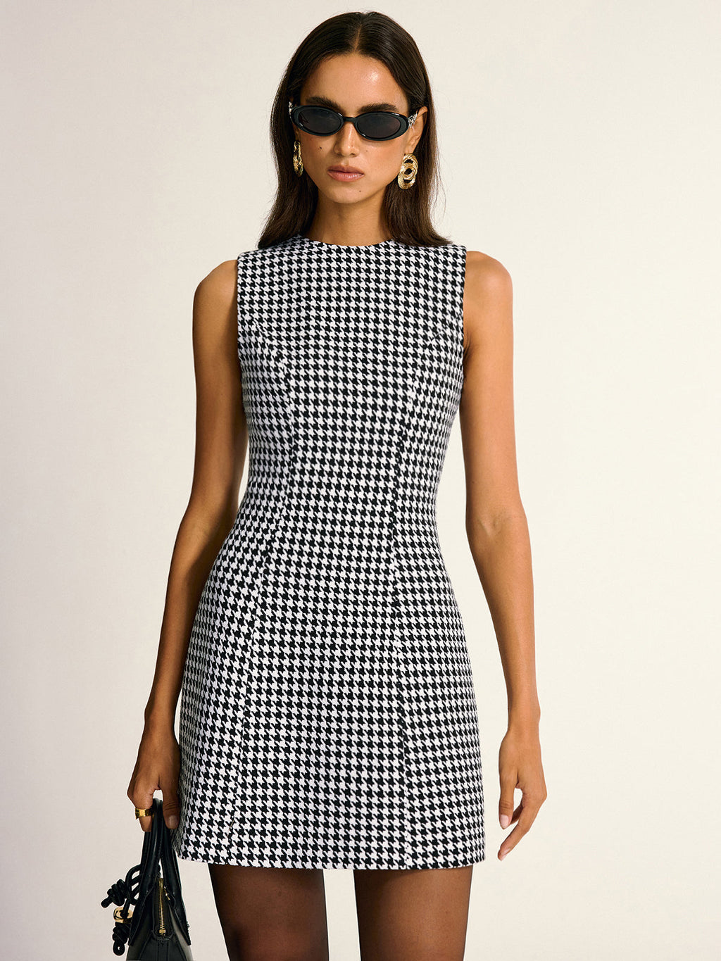Houndstooth Pattern Sleeveless A-Line Mini Dress