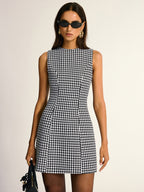 Chic Houndstooth Pattern Sleeveless A-Line Mini Dress