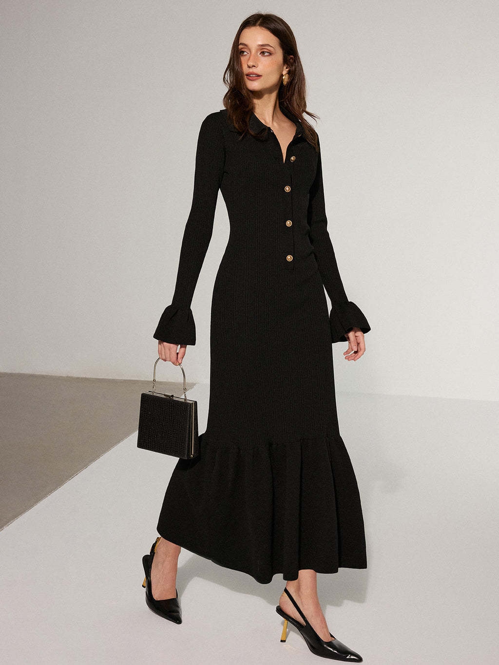 Collared Knit Maxi Dress with Mermaid Hem Style