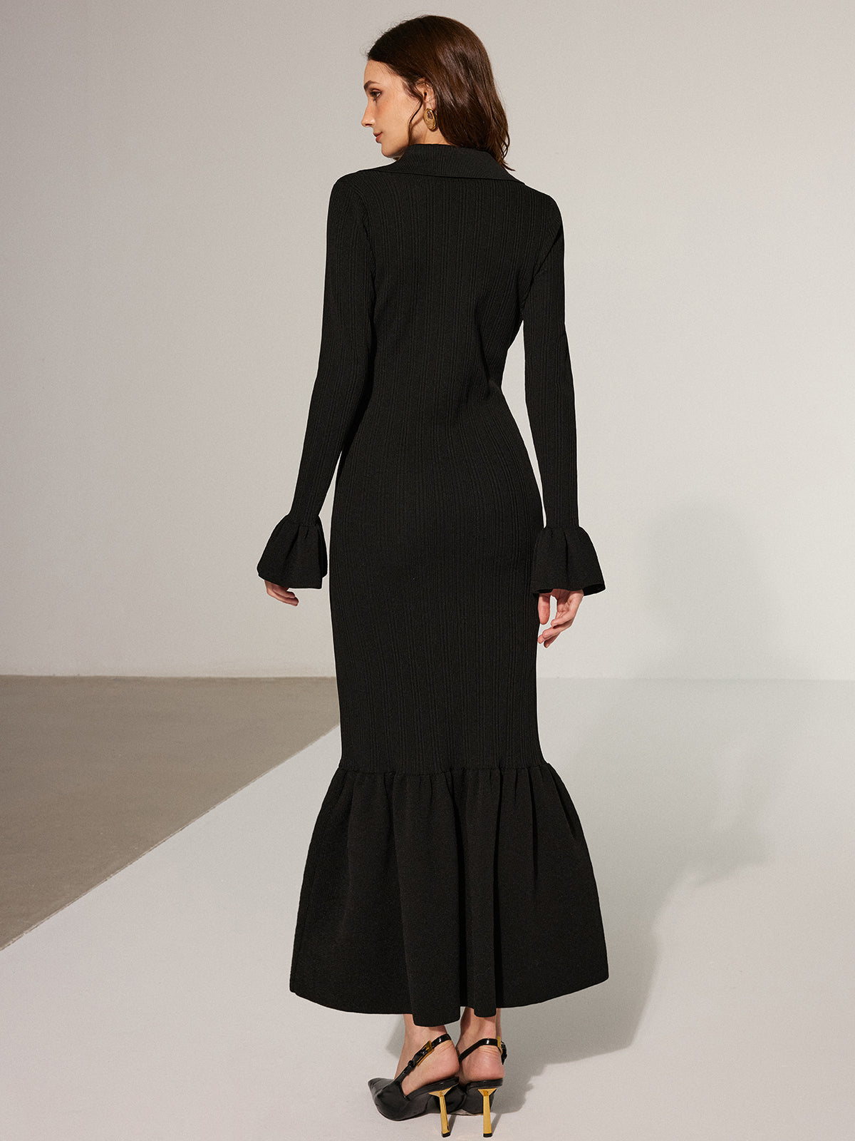 Collared Knit Maxi Dress with Mermaid Hem
