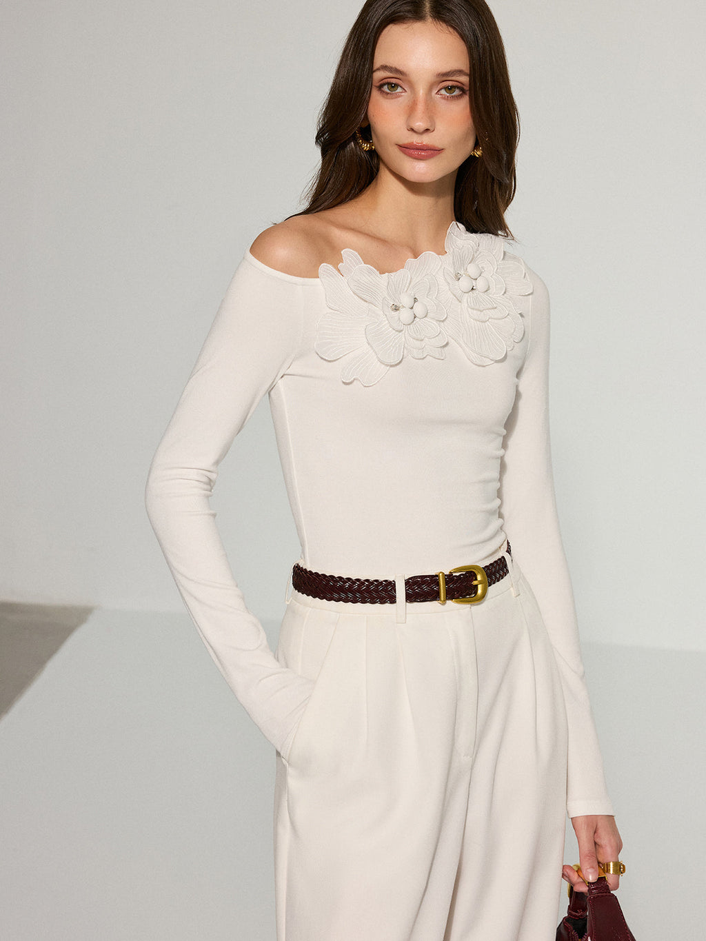 Off-Shoulder T-Shirt with 3D Floral Embellishments