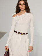 Off-Shoulder T-Shirt with 3D Floral Embellishments
