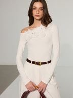 Off-Shoulder T-Shirt with 3D Floral Embellishments