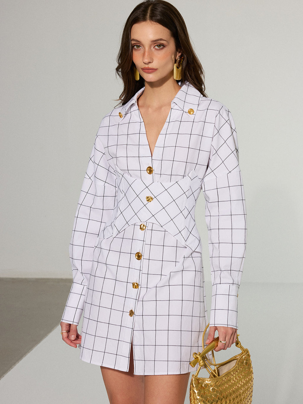 Checked Cotton Dress with Metal Button Details