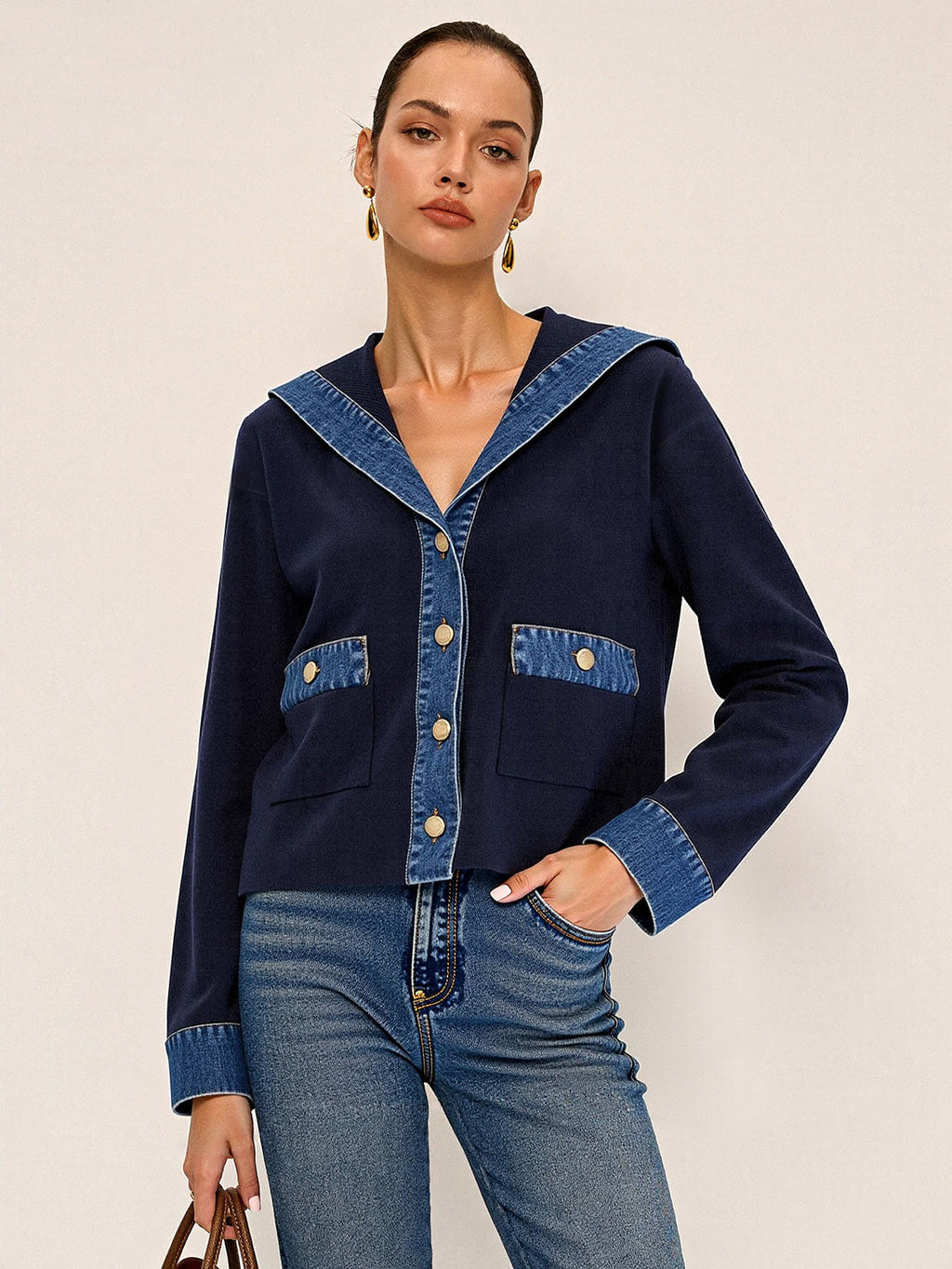 Sailor-Inspired Collar Knit with Denim Accents