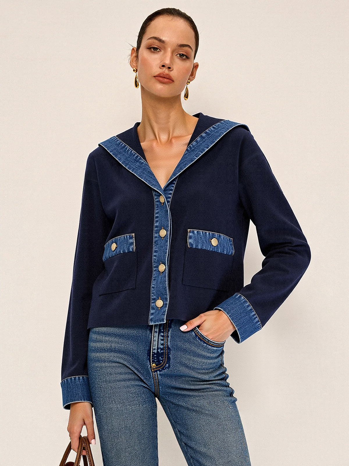 Sailor-Inspired Collar Knit with Denim Accents
