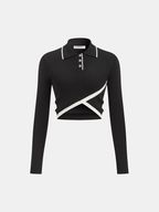 Asymmetric Wool Blend Cropped Polo with Contrast Trim