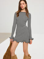 Striped Long Sleeve Mini Dress with Ruffle Hem
