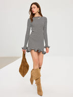 Striped Long Sleeve Mini Dress with Ruffle Hem