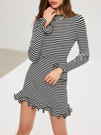 Striped Long Sleeve Mini Dress with Ruffle Hem