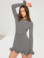 Striped Long Sleeve Mini Dress with Ruffle Hem