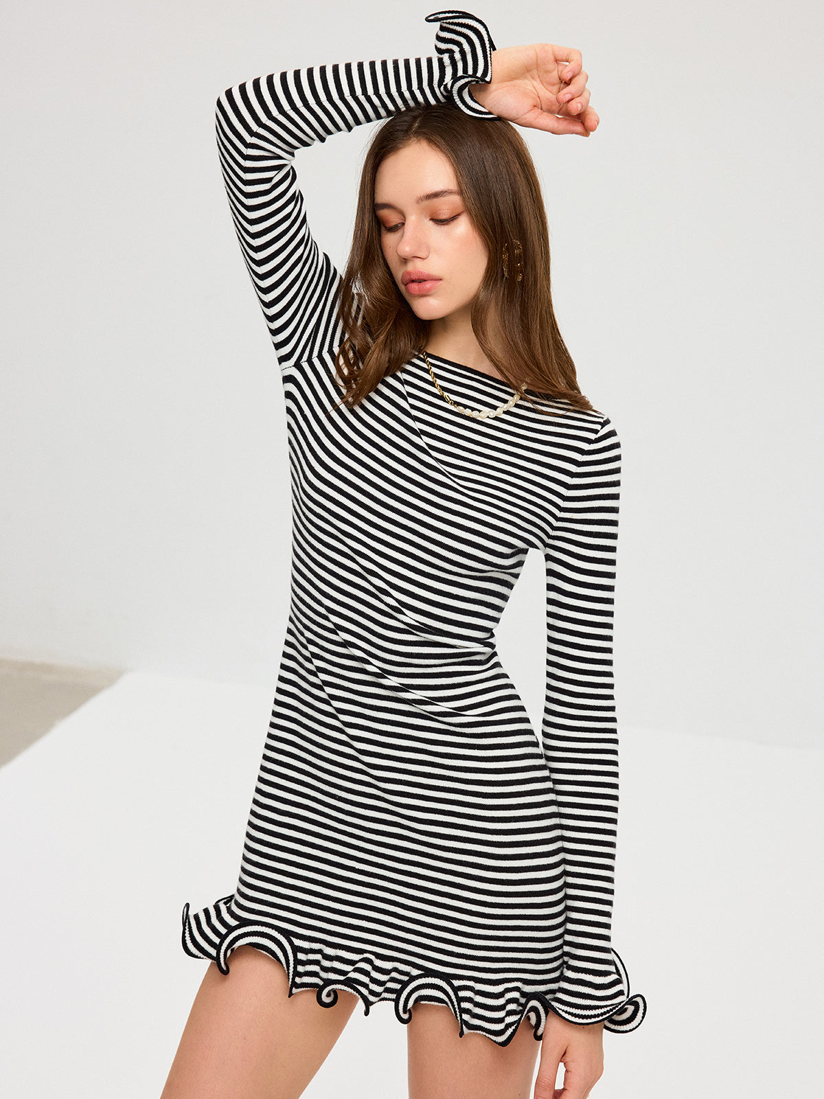 Striped Long Sleeve Mini Dress with Ruffle Hem