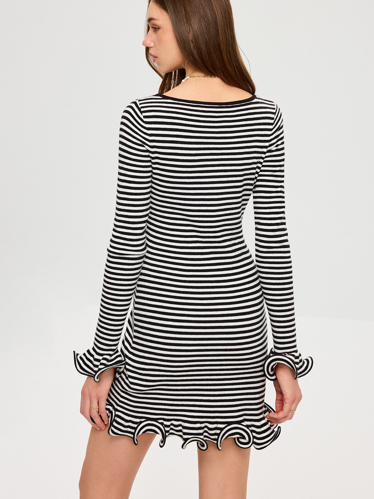 Striped Long Sleeve Mini Dress with Ruffle Hem