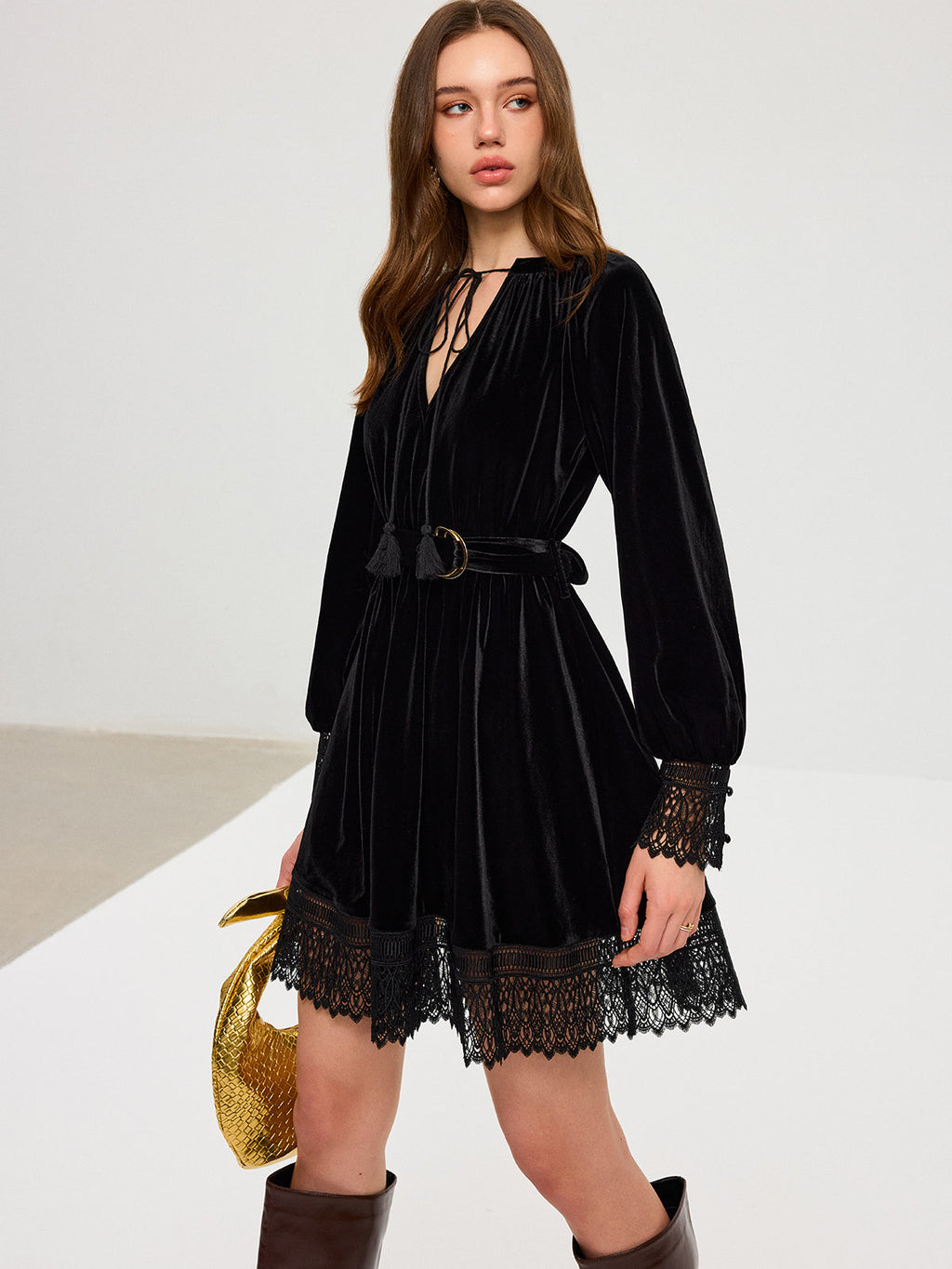 Velvet Lace Trim Dress with Belt Mini Length