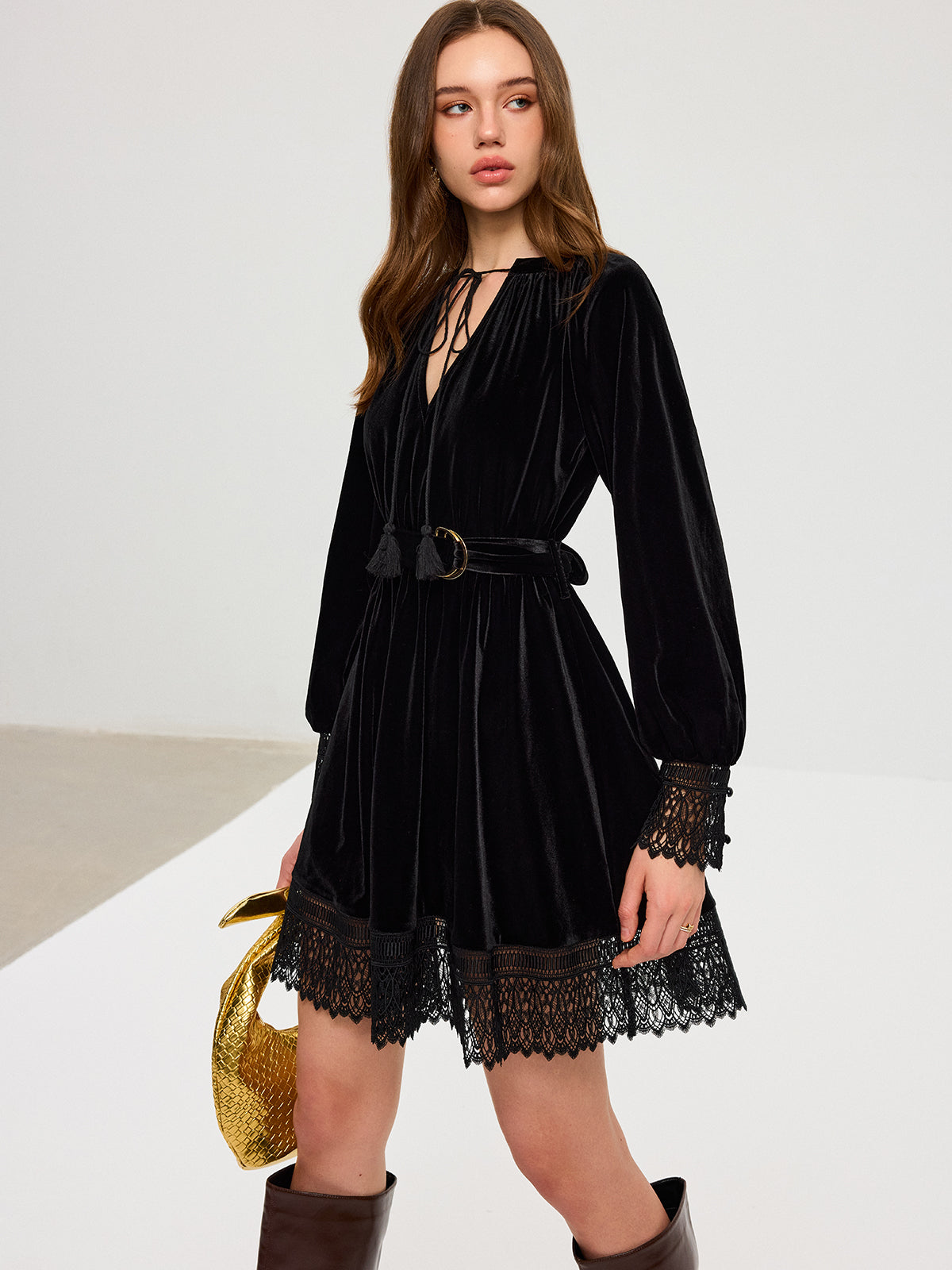 Velvet Lace Trim Dress with Belt Mini Length