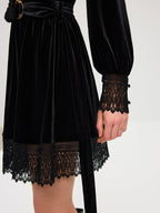 Velvet Lace Trim Dress with Belt Mini Length