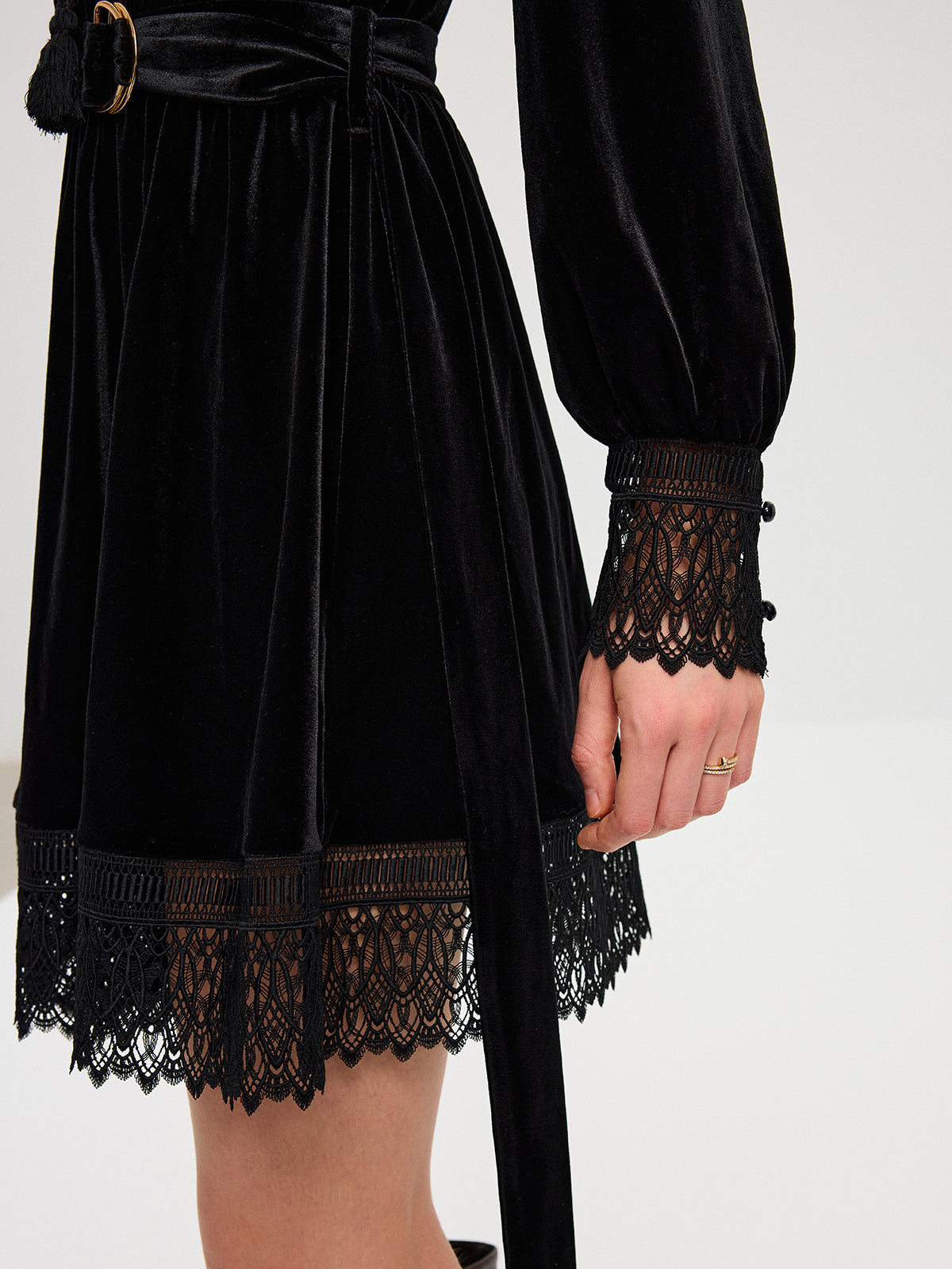 Velvet Lace Trim Dress with Belt Mini Length