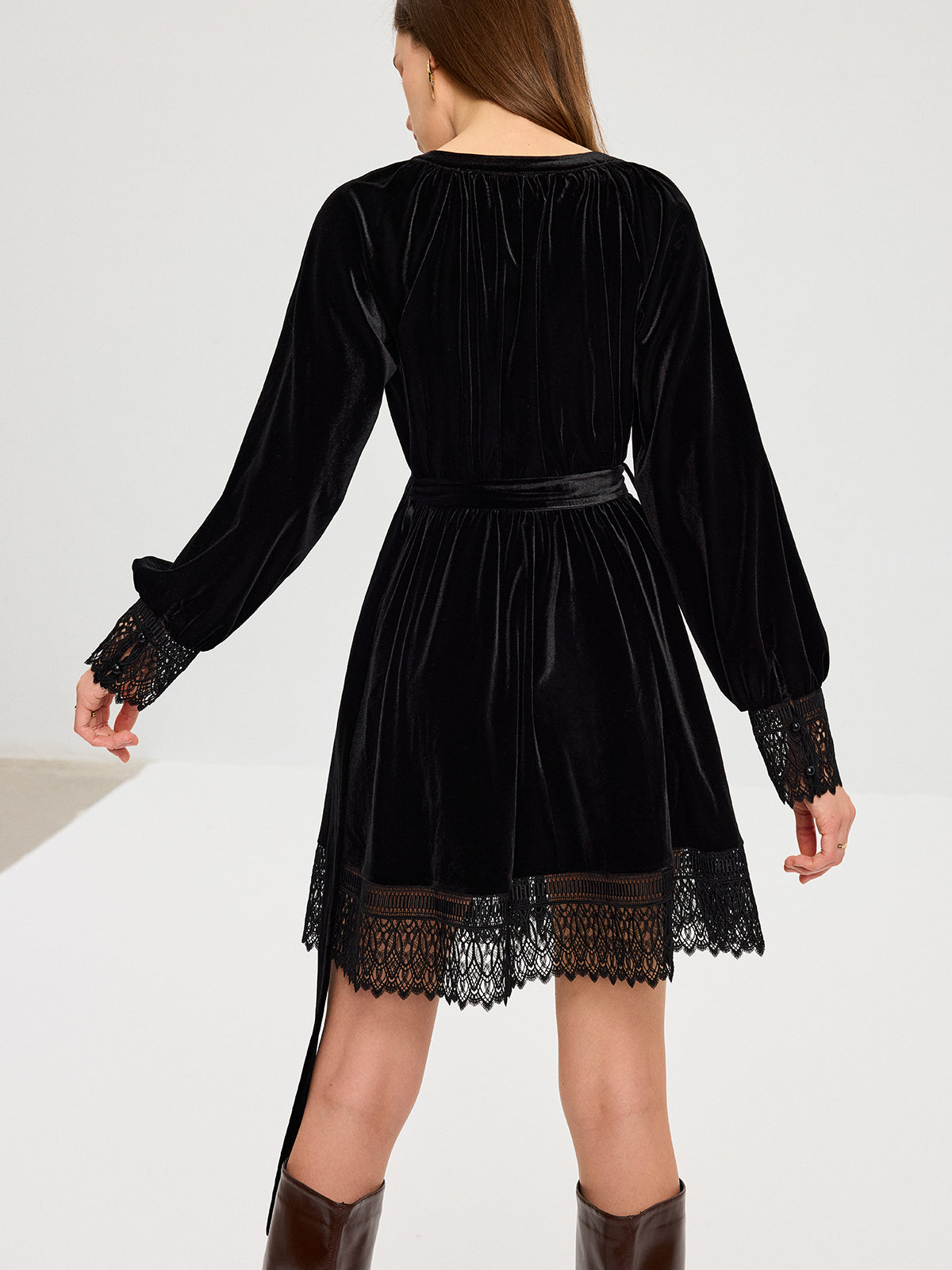 Velvet Lace Trim Dress with Belt Mini Length