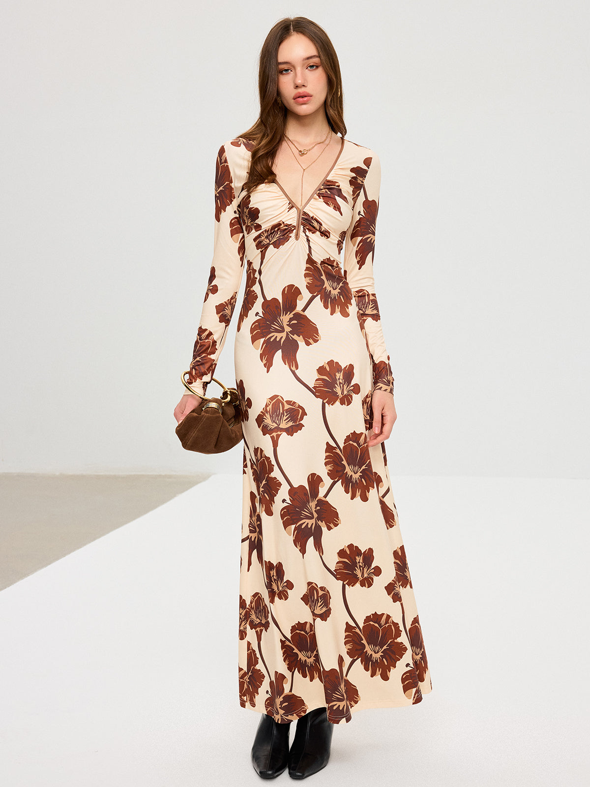 Vibrant Floral Maxi Dress with V-Neck Design