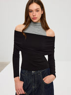 Contrast Panel Mock Neck Long Sleeve Tee