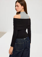 Contrast Panel Mock Neck Long Sleeve Tee