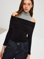 Contrast Panel Mock Neck Long Sleeve Tee
