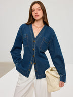 Denim V-Neck Jacket with Button Front Closure