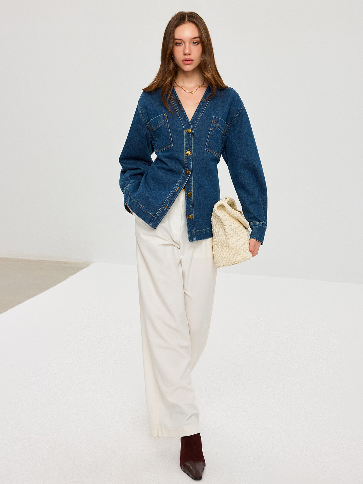 Denim V-Neck Jacket with Button Front Closure