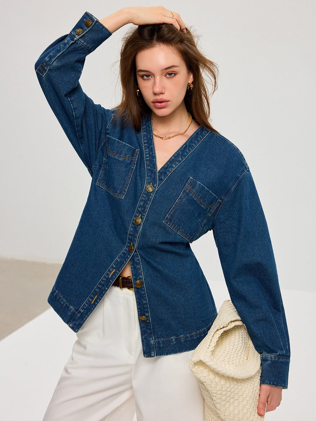 Denim V-Neck Jacket with Button Front Closure